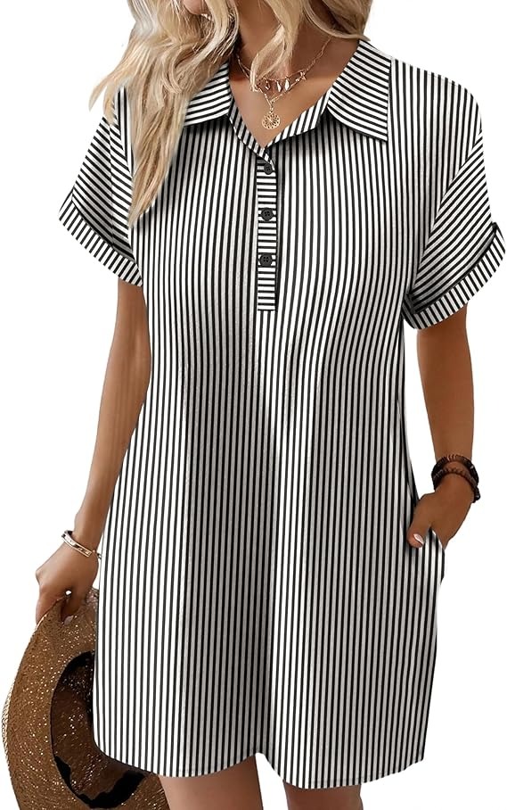stripes cotton shirt dress with pockets for office days