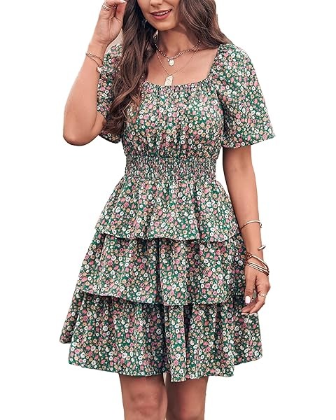 Green mini cotton summer dress with tiered skirt